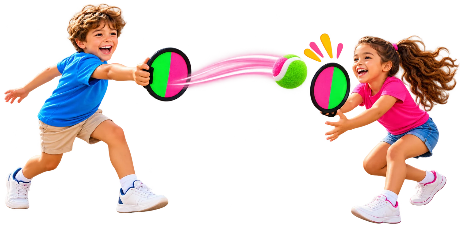 Duas crianças brincando com raquetes aderentes ZUP!